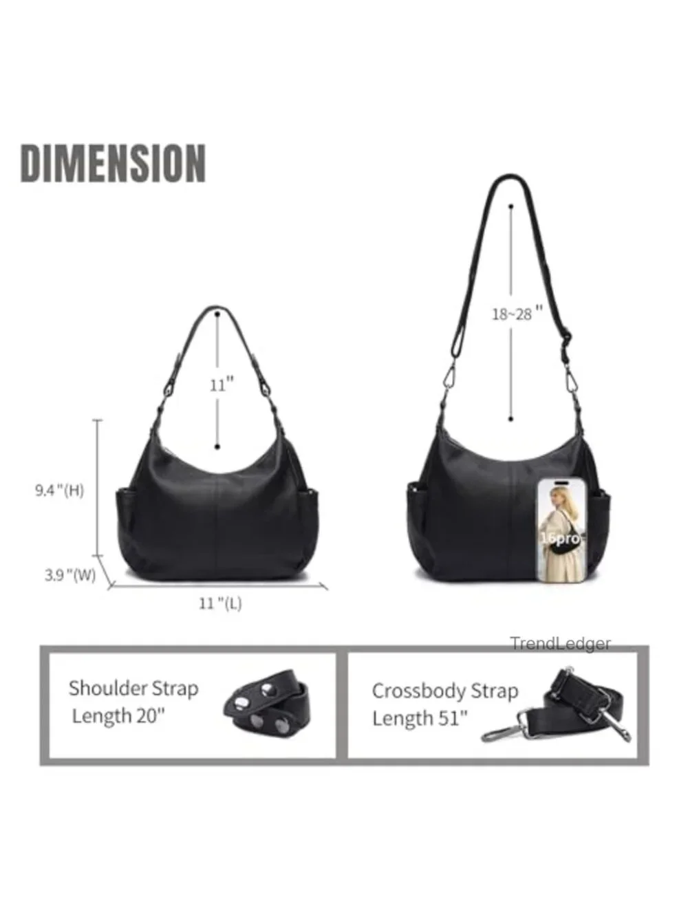 Genuine Leather Hobo Crossbody Bag Adjustable Straps